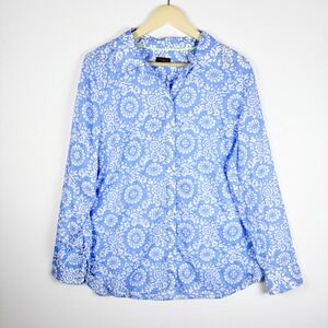 Talbots Womens Blue White Floral Medallion Cotton Button Down Shirt  L Coastal